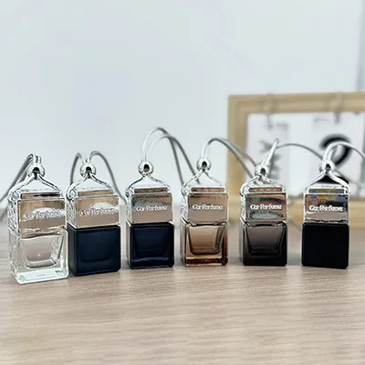 8 ml square hanging glass car air freshener bottles with silver-tone caps