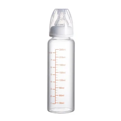 Straight cylindrical high borosilicate glass baby bottles with measurement markings (240ml)