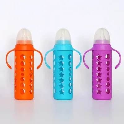 Glass baby feeding bottles with silicone sleeve (250ml)