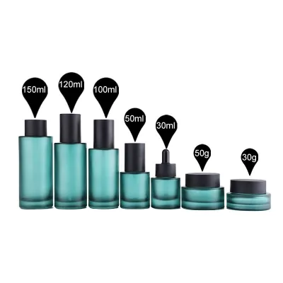 Frosted teal cosmetic bottle and jar sets (toner, lotion, serum)
