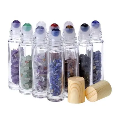 10 ml glass roll-on bottles with natural stone roller balls and wood grain caps